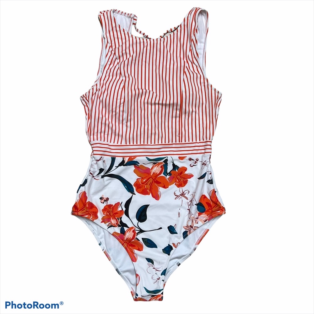 Cupshe Striped Floral Orange One Piece Swimsuit NWT